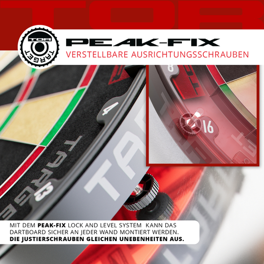 Target TOR Steel Dartboard Das Bild zeigt das Target TOR Steeldartboard mit verstellbaren Ausrichtungsschrauben. Ein Detailbild hebt die Justierschrauben hervor, die Unebenheiten an der Wand ausgleichen.