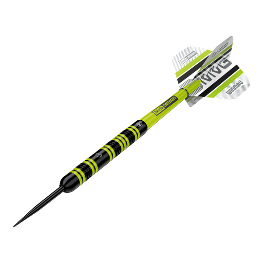 Winmau Michael Van Gerwen 85 Pro-Series steel darts Das Produkt Winmau Michael Van Gerwen 85 Pro-Series Steeldarts ist in einer alternativen Ansicht abgebildet. Die Darts sind in einer Linie angeordnet.