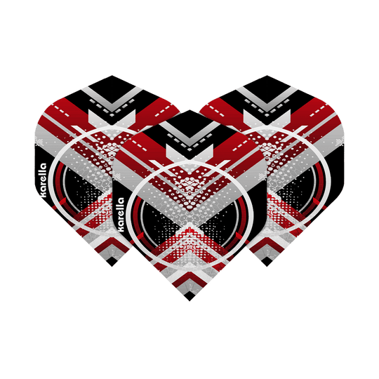 8032-10_Karella_XT-3_No2_Standard_Flights_16PxozAZoIipGn Das Bild zeigt drei Karella XT-3 No2 Standard Flights. Die Flights haben ein modernes Design in Schwarz, Rot, Weiß und Grau.