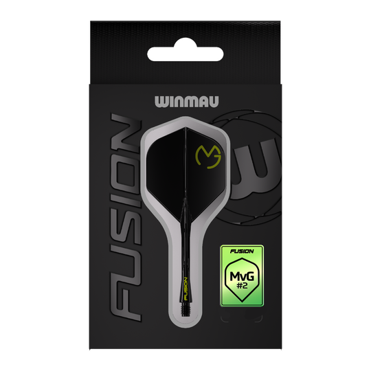 Winmau Fusion Flight Shaft System Michael Van Gerwen Pacman No6 Das Bild zeigt die Verpackung des Winmau Fusion Flight-Shaft-Systems Michael Van Gerwen Pacman Nr. 2 Standard. Das Produkt ist schwarz mit gelben Akzenten gestaltet und trägt das MVG-Logo.