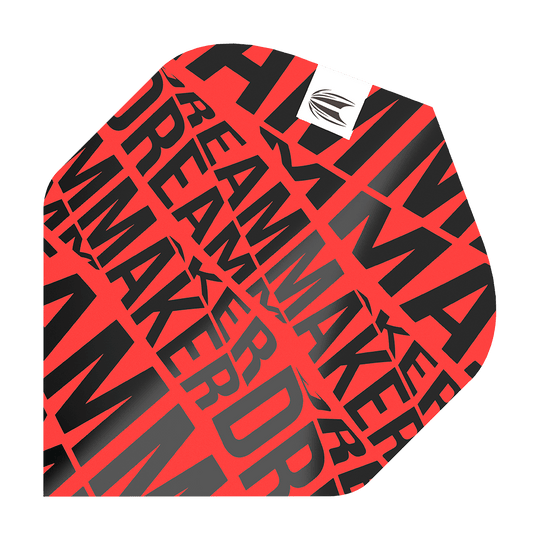 TG82_336580_Target_Pro_Ultra_Dimitri_Van_Den_Bergh_Red_No2_Standard_Flights_1 Dies ist ein Dart-Flight in leuchtendem Rot mit schwarzer Aufschrift. Auf dem Flight steht mehrfach das Wort "DREAMMAKER" in verschiedenen Größen.