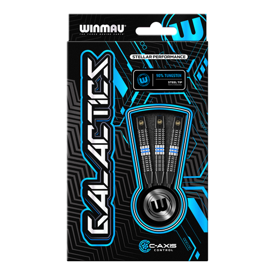 Winmau Galactics Steeldarts Das Bild zeigt die Verpackung der Winmau Galactics Steeldarts. In der Mitte sind drei Darts mit schwarzen und blauen Akzenten zu sehen.