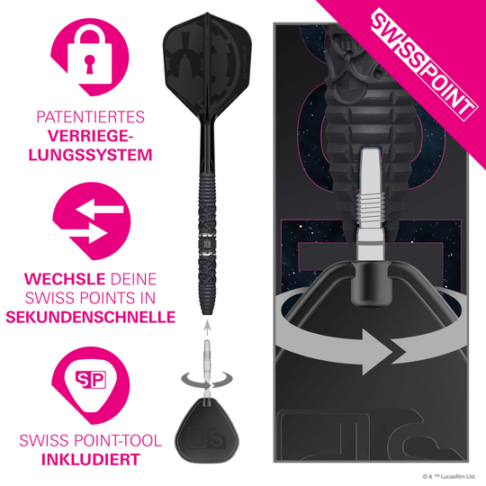 Target Star Wars Darth Vader 95 Swiss Point Steel Darts Dieses Bild zeigt die Target Star Wars Darth Vader 95 Swiss Point Steeldarts. Die Darts sind im Star Wars Design mit Darth Vader-Motiv gestaltet.