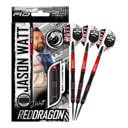 Red Dragon Jason Watt Steel Darts - 22g Das Bild zeigt das Produkt "Red Dragon Jason Watt Steeldarts - 22g" in seiner Verpackung. Rechts daneben sind drei Steeldarts mit schwarzem und rotem Design zu sehen.