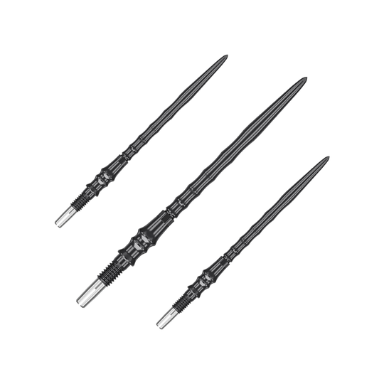 Das Bild zeigt ein Set von schwarzen Steeldartspitzen, SwissPoint, 40 mm von Target Japan Premium. Mehrere Spitzen sind nebeneinander angeordnet.