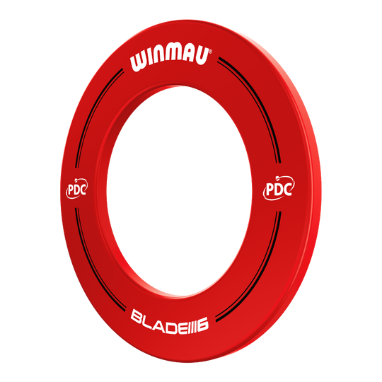 Winmau PDC Dartboard Surround - Red Das Bild zeigt einen roten Winmau PDC Dartboard Surround. Auf dem Ring stehen die Wörter "Winmau", "PDC" und "Blade 6".