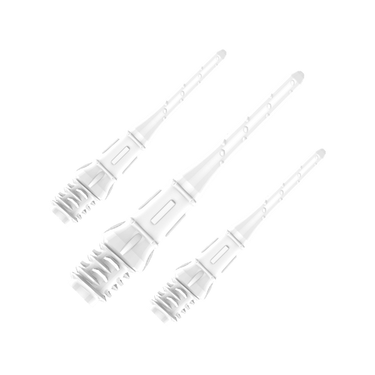 Premium Lippoints (30 Pack) - Tips Auf dem Bild sind drei weiße Dartspitzen zu sehen, die in einer Verpackung angeordnet sind. Die Spitzen wirken hochwertig und sind gleichmäßig ausgerichtet.