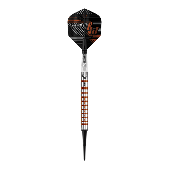Harrow's Luke Woodhouse Series 2 Soft Darts - 18g Das Bild zeigt den Harrows Luke Woodhouse Series 2 Softdart mit einem Gewicht von 18g. Der Dartpfeil hat ein modernes, silber-orangenes Design mit schwarzen Akzenten.