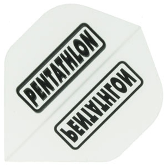 p14 Das Bild zeigt ein weißes Dartflight mit der Aufschrift „PENTATHLON“ in schwarzer Schrift. Das Produkt ist als „Pentathlon Flights P14“ bekannt.