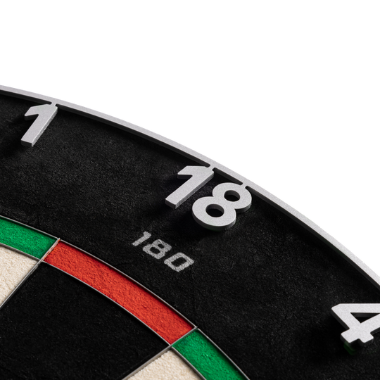 Precise 180 Endorphine Steel Dartboard with Numbered Ring - Gunmetal Das Precise 180 Endorphine Steeldartboard mit Nummernring in Gunmetal wird dargestellt. Es handelt sich um ein langlebiges und präzises Dartboard für verschiedene Spiellevel.