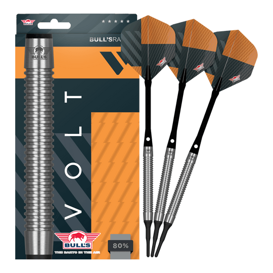 Das Bild zeigt Bulls NL Volt Orange Softdarts - 18g. Die Darts sind besonders farbig gestaltet.