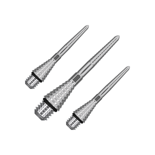 380180_Target_Titanium_Swiss_Point_Grooved_Conversion_Points_Silber_26mm_1 Das Bild zeigt drei silberne Swiss Point Grooved Conversion Points von Target. Sie sind metallisch und haben eine gerillte Oberfläche für besseren Halt.