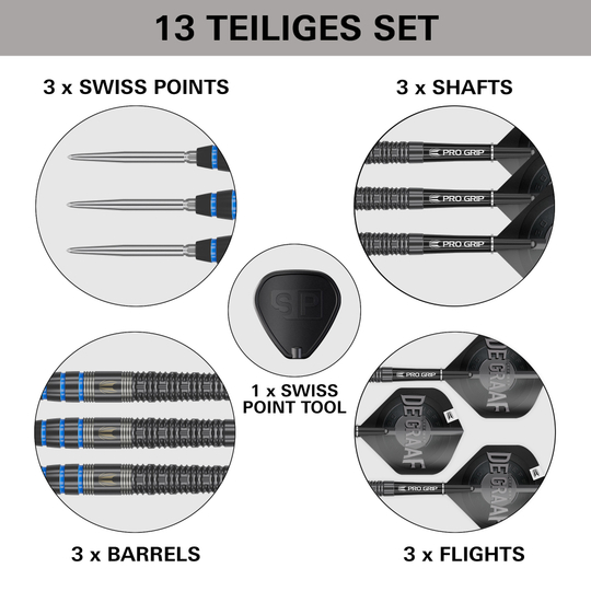 Target Jeffrey De Graaf GEN1 Swiss Point Steeldarts - 23g Das Bild zeigt das 13-teilige Set "Target Jeffrey De Graaf GEN1 Swiss Point Steeldarts - 23g". Im Set sind 3 Spitzen, 3 Shafts, 3 Barrels, 3 Flights und 1 Swiss Point Tool enthalten.