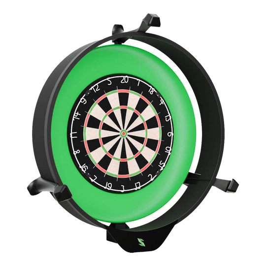 Scolia Home 2 Electronic Autoscoring System with Lighting Ring 2026 Das Bild zeigt das Produkt "Scolia Home 2 Electronic Score System mit Beleuchtungsring". Es handelt sich um ein elektronisches Punktesystem für Dartscheiben mit einem leuchtenden grünen Ring.