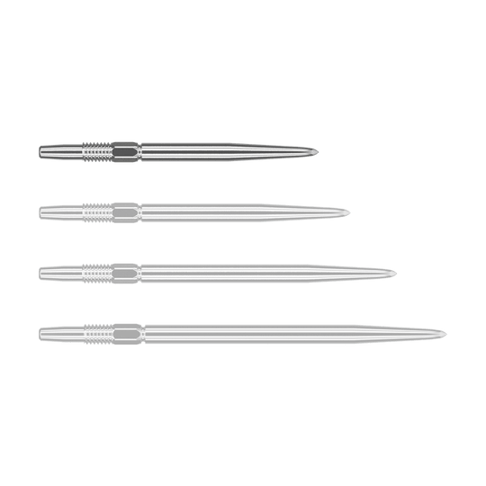 Target Swiss Point Silver dart tips Das Bild zeigt vier silberne Dartspitzen, die nebeneinander liegen. Jede Spitze hat ein geriffeltes Ende und ist schlank und spitz zulaufend.