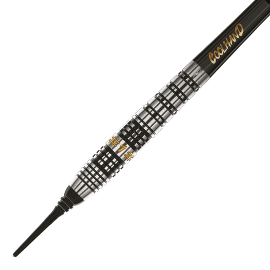 Red Dragon Luke Humphries Prestige Soft Darts - 20g Das Bild zeigt einen Softdart namens "Red Dragon Luke Humphries Prestige Softdarts - 20g". Der Dart hat ein silber-schwarzes, geriffeltes Design mit goldener Schrift.
