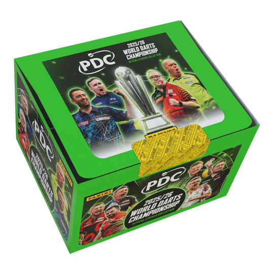 Panini PDC World Darts Championship 2025/26 - Sticker box with 65 packs Zu sehen ist die Panini PDC World Darts Championship 2025/26 Stickerbox mit 65 Tüten. Die Stickerbox enthält viele Tüten zum Tauschen und Kleben.