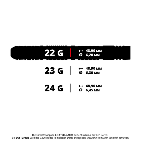 Steeldarts von Dimitri Van Den Bergh sind hier abgebildet. Dieses Set wiegt 22 Gramm.