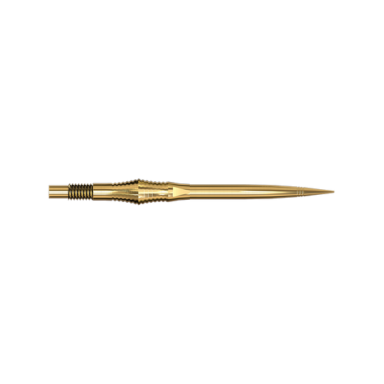 Harrows Quick Point Spire Elite Series Dartspitzen - Gold Spire Gold Elite Serie Dartspitzen in 35mm Länge sind abgebildet. Die Spitzen sind schmal und gold.