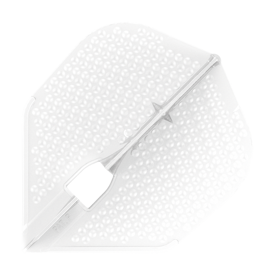 Das Bild zeigt ein weißes Dartflight mit einer dimpled, also genoppten Oberfläche. Es handelt sich um das Produkt "L-Style Flights Dimple Champagne L3PRO Shape".