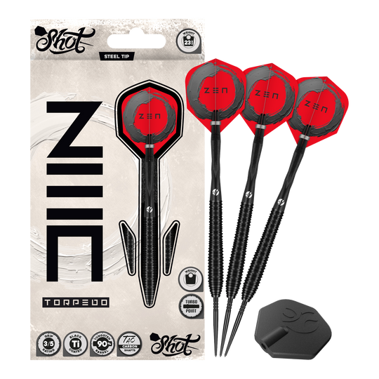 Shot ZEN Torpedo Turbo Point Steel Darts - 23g Auf diesem Bild sieht man die Shot ZEN Torpedo Turbo Point Steeldarts mit 23g komplett. Das Design betont ihre hochwertige Verarbeitung.