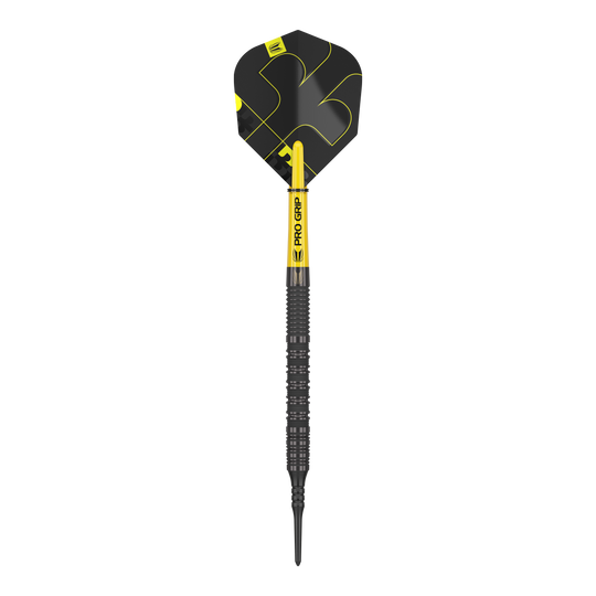 Target Bolide Void 10 soft darts Das Bild zeigt einen Target Bolide Void 10 Softdartpfeil. Der Pfeil ist schwarz mit gelben Akzenten und hat einen Pro Grip Schaft.