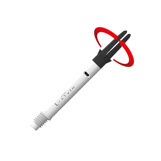L-L-Style-Shaft Carbon Silent Straight - White Dies ist ein weißer Carbon-Schaft für Dartpfeile der Marke L-Style. Der obere schwarze Teil kann sich drehen, wie durch den roten Pfeil angezeigt.