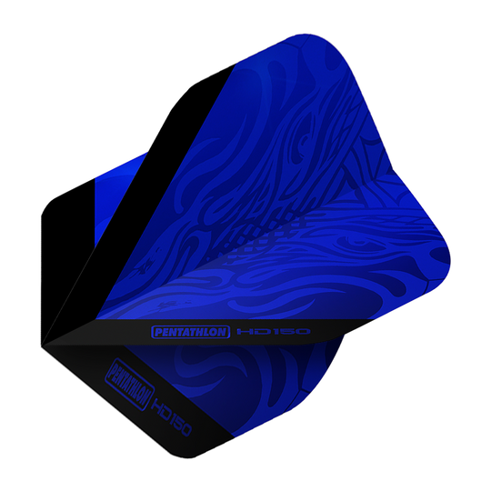 Dies ist ein Pentathlon HD150 Metallic Blau Standard Flight für Dartpfeile. Das Flight hat ein auffälliges blau-schwarzes Design mit dem Schriftzug "Pentathlon HD150".