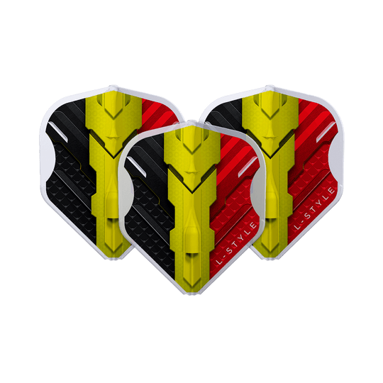 L-Style V-Series V1 Type C Belgium Clear White L1EZ Flights Das Bild zeigt drei Dart-Flights des Modells "L-Style V-Series V1 Type C Belgium Clear White L1EZ Flights". Die Flights sind in den Farben Schwarz, Gelb und Rot gestaltet und zeigen ein modernes Design.