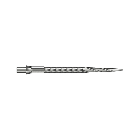 Zwei silberne Steeldartspitzen im Spiro NoLip Design sind zu sehen. Sie sind 36 mm lang und liegen nebeneinander.