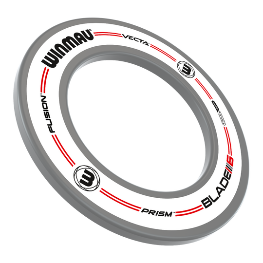 BUNDLE Winmau Plasma Ice LED Lighting and Surround Das Bild zeigt den Winmau Plasma Ice LED Beleuchtungs- und Surround-Bundle. Es handelt sich um einen runden LED-Ring mit weißem und grauem Design sowie Markierungen und Logos.