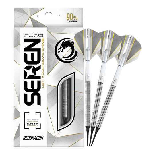 Die Abbildung zeigt die "Red Dragon Seren 1 Pure Softdarts - 20g" mit drei silbernen Softdarts. Die Verpackung hebt hervor, dass die Darts zu 90 % aus Tungsten bestehen.