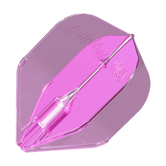 L-Style Fantom L3EZ Flights Clear Pink Das Bild zeigt ein durchsichtiges, pinkes Dart-Flight mit der Aufschrift „L-style“. Es handelt sich um das Produkt „L-Style Fantom L3EZ Flights Clear Pink“.