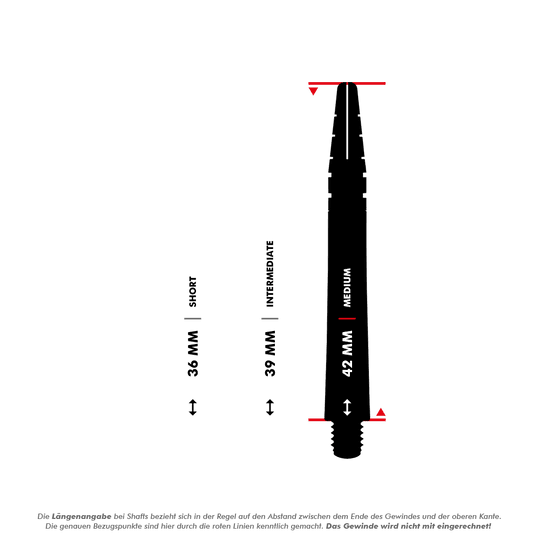 Das Bild zeigt drei verschiedene Längen von Dart-Shafts: 36 mm (kurz), 39 mm (mittel) und 42 mm (lang). Die Längenangabe bezieht sich auf den Abstand zwischen dem Ende des Gewindes und der oberen Kante, wobei das Gewinde nicht mitgerechnet wird.