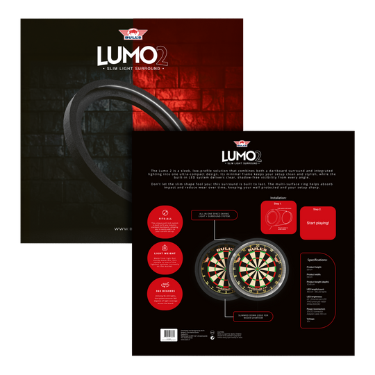 Bulls NL Lumo 2 Light Surround Lighting System Das Bild zeigt das Produkt "Bulls NL Lumo 2 Light Surround Beleuchtungssystem" für Dartscheiben. Es kombiniert ein schlankes, rundes LED-Lichtsystem mit einem schützenden Surround für bessere Sicht und Schutz beim Dartspielen.