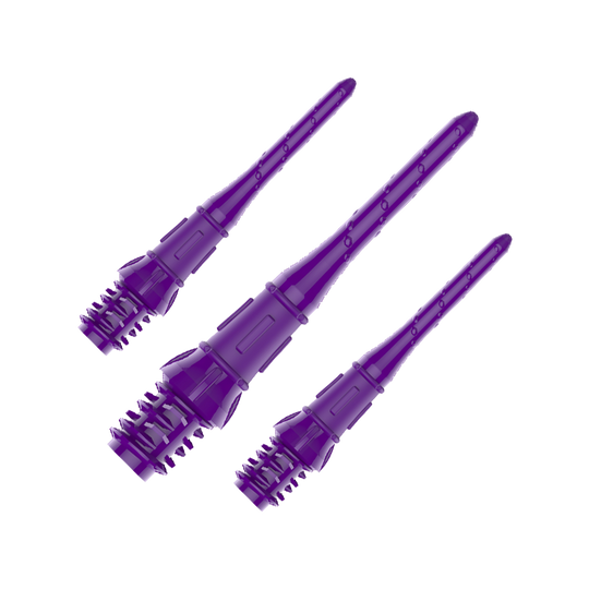 Premium Lippoints (30 Pack) - Tips Auf dem Bild sind drei lila Dartspitzen zu sehen. Sie sind aus Kunststoff und haben ein Schraubgewinde am Ende.