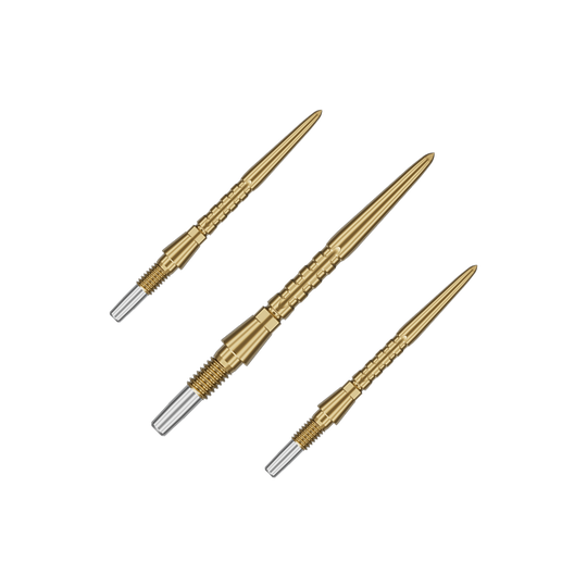 Target Swiss Point Storm Surge steel dart tips - gold Auf dem Bild sind drei goldene Steeldartspitzen zu sehen. Sie haben ein schlankes, geriffeltes Design mit einem silbernen Schraubgewinde am Ende.