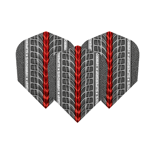 HR77_Harrows_Supergrip_Rot_No6_Flights_1rpgZlp8pPxJVZ Das Bild zeigt die Harrows Supergrip Rot No6 Flights für Darts. Die Flights haben ein graues und rotes Design mit dem Schriftzug "HARROWS SUPERGRIP" an der Seite.