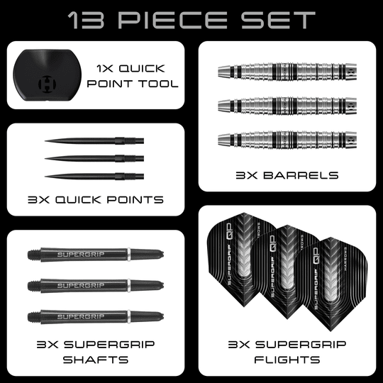 Harrows Supergrip Torpedo Quick Point Steeldarts sind auf dem Bild zu sehen. Eine Detailansicht hebt den Produktbereich hervor.