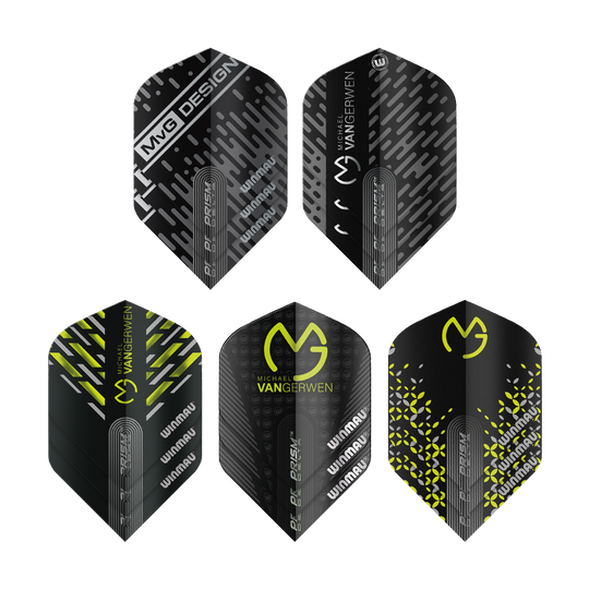 Winmau MvG Prism Flight Pack 2 Das Bild zeigt das Produkt "Winmau MvG Prism Flight Pack 2" mit fünf unterschiedlich gestalteten Dart-Flights. Die Designs sind überwiegend schwarz und gelb mit verschiedenen Mustern und dem Michael van Gerwen Logo.