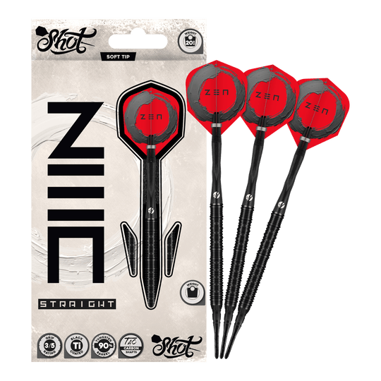 Shot ZEN Straight Softdarts - 20g Hier sieht man die Shot ZEN Straight Softdarts mit 20 Gramm Gewicht. Sie sind speziell für Softdartspieler konzipiert.