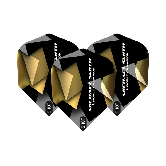 Das Bild zeigt drei schwarze Dart-Flights mit goldenen und silbernen Akzenten. Auf den Flights steht "MICHAEL SMITH ★ WORLD CHAMPION" und unten das Wort "SHOT".