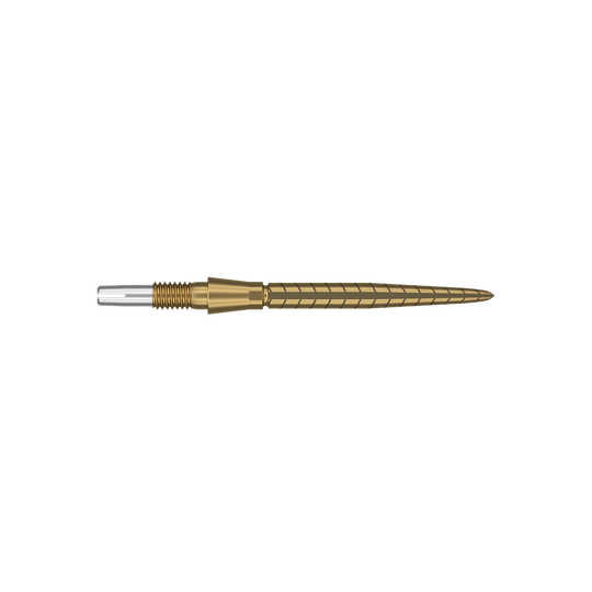 Target Swiss Storm Quartz Dart Tips - Gold Dies ist eine goldfarbene Dartspitze mit feinen Rillen und Linien. Sie hat ein schlankes, präzises Design und eine silberne Spitze am Ende.