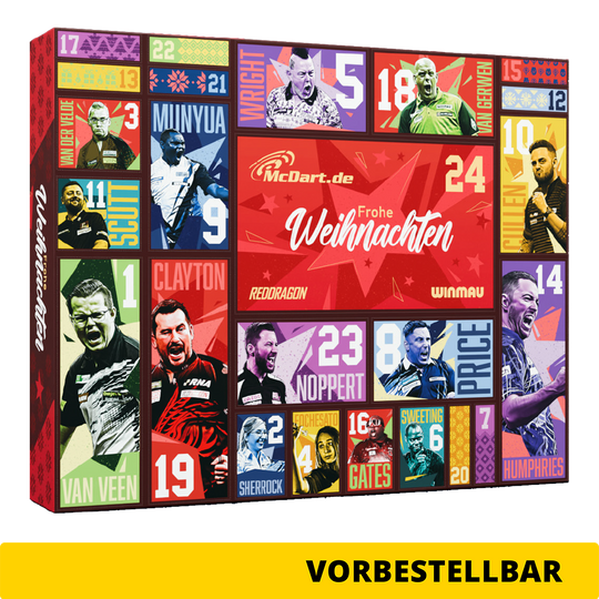 McDart Steel Darts Advent Calendar 2026 Zu sehen ist der McDart Steel-Darts Adventskalender 2026. Der Kalender bietet Überraschungen für Steeldart-Spieler.