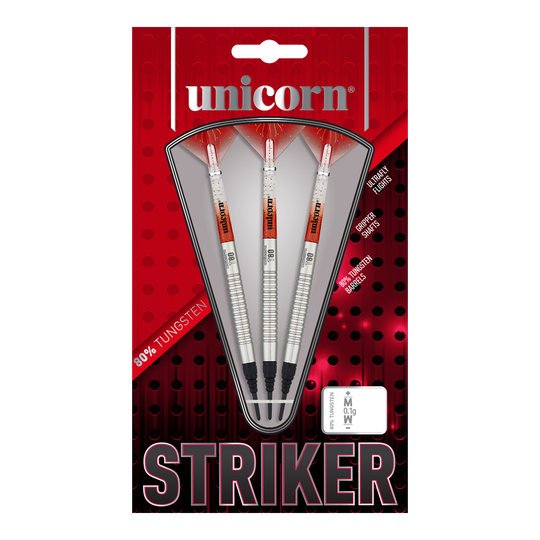 Unicorn Core XL Striker Style 1 Soft Darts - 19g Das Bild zeigt eine Packung der "Unicorn Core XL Striker Style 1 Softdarts - 19g". In der Verpackung befinden sich drei silberfarbene Softdarts mit roten und weißen Details.
