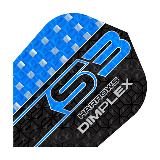 Harrows Dimplex S3 Flights - Blue Das Bild zeigt ein blau-schwarzes Dartflight mit der Aufschrift "S3 HARROWS DIMPLEX". Die Oberfläche hat ein strukturiertes Muster mit silbernen Akzenten.