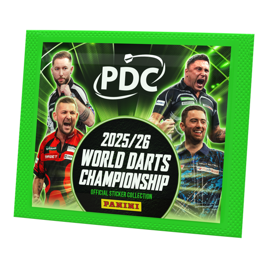 Panini PDC World Darts Championship 2025/26 - Sticker Pack Panini PDC World Darts Championship 2025/26 - Sticker Pack. Die Packung enthält Sticker für das Sammelalbum der Darts-Weltmeisterschaft.