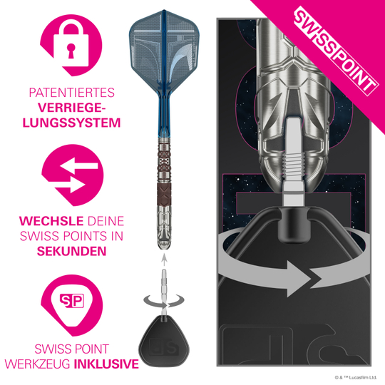 Das Bild zeigt die Target Star Wars Mandalorian 95 Swiss Point Steeldarts. Es handelt sich um hochwertige Steeldarts mit einem Mandalorian-Design.