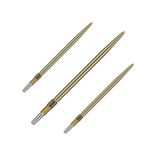 Target Swiss Point Gold dart tips Auf dem Bild sind drei goldene Dartspitzen zu sehen. Sie haben ein geriffeltes silbernes Endstück zur Befestigung.