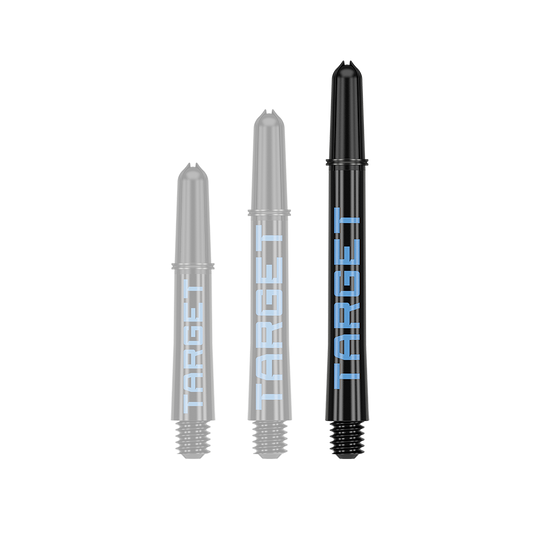 Auf dem Bild sind drei schwarze Dart-Schäfte in verschiedenen Längen zu sehen. Auf jedem Schaft steht das Wort "TARGET" in blauer Schrift.
